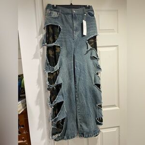 Unique Distressed Denim Pants with Camo Accents